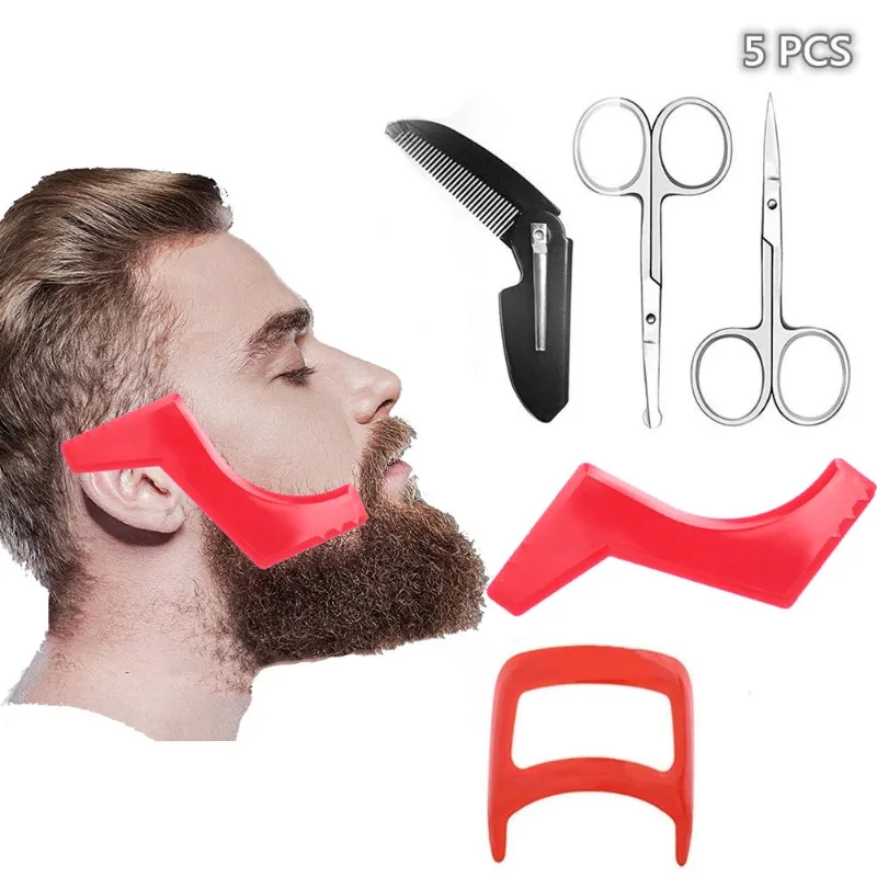 5Pcs Beard Styling Beard Shaping Tool Modeling Ruler Shaper Round Head Scissors Pointed Scissors Comb Beard Trimming Tool Kits