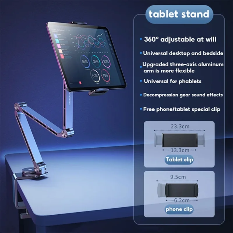 Universal Tablet Stand Desktop Support Stand 360Rotating Folding Aluminum Alloy Desktop Adjustable Long Arm Bracket Phone Holder