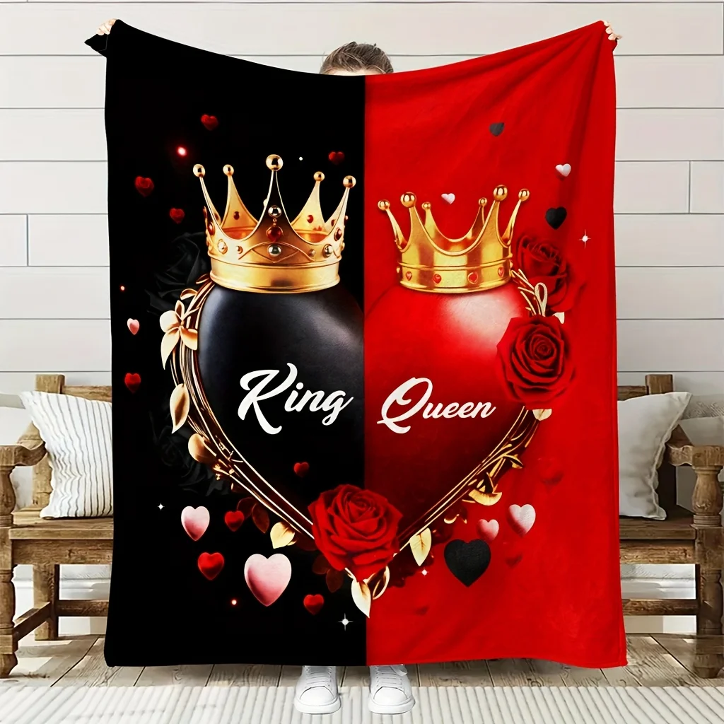 King Queen Crown Heart Throw Blanket  Red Rose Romantic Couple Themed Art Decor for Sofa Bedroom Couch Blanket