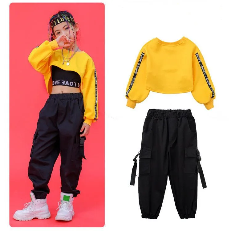 Children Hip Hop Clothing Sets Sweatshirt Black Vest Crop Top Cargo Pants for Girls Jazz Dance Costume School Dancing Tracksuits