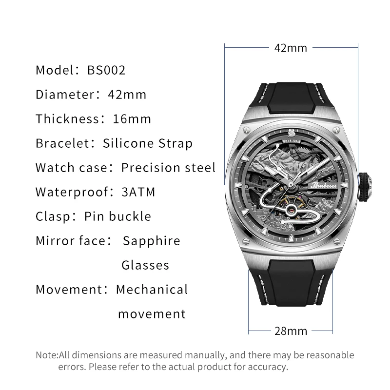 Mechanical Watch for Men Luminous Waterproof Luxury BRUBOSES Male Automatic Wristwatch Winding Silicone Band Clock Reloj Hombre