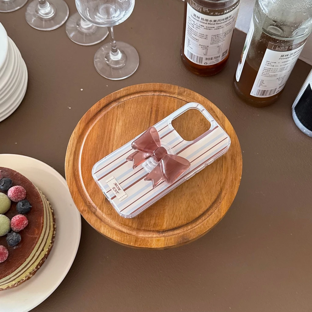 الخريف الشتاء بسيط الأزرق البني شريط Bowknot مع حامل للصدمات واقية غطاء الهاتف آيفون 17 16 15 14 برو ماكس