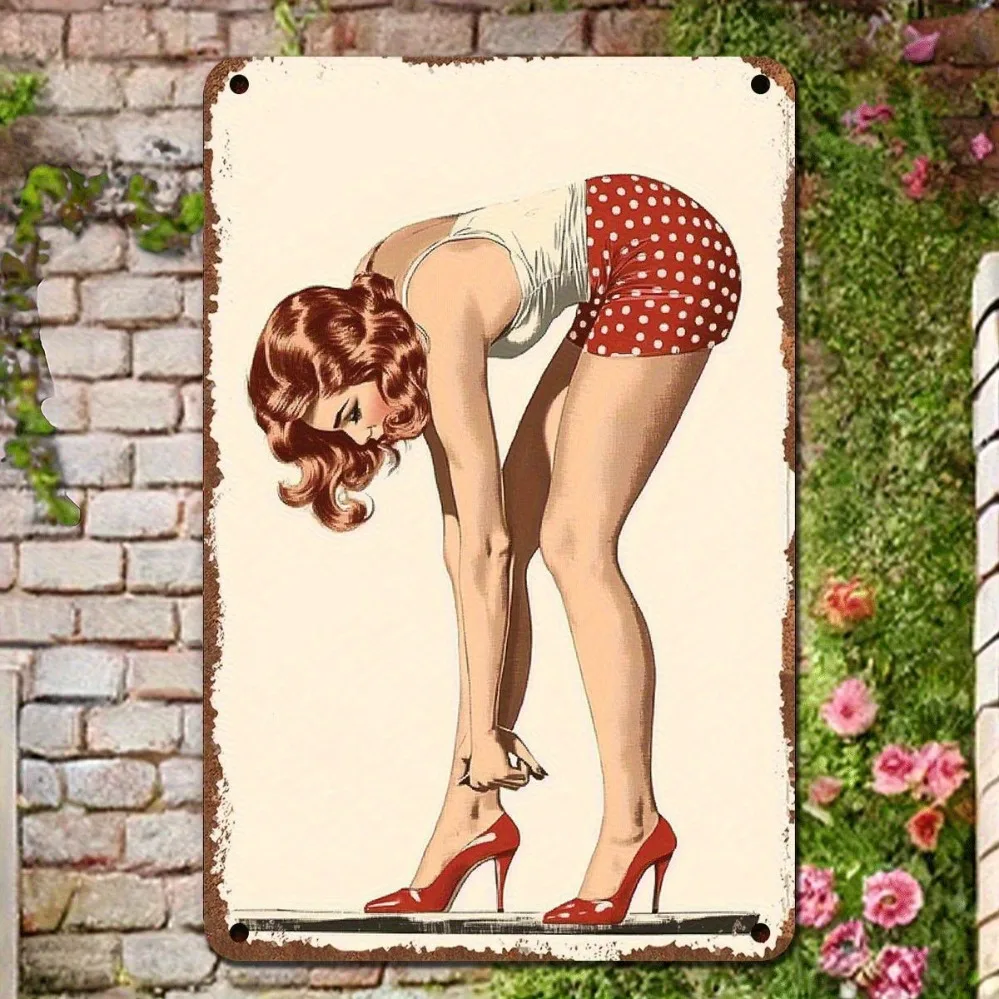 Retro 2D Metal Wall Art - Vintage Polka Dot Lady Decor for Man Cave Kitchen Garage Bar, Pre-Drilled Easy Hanging