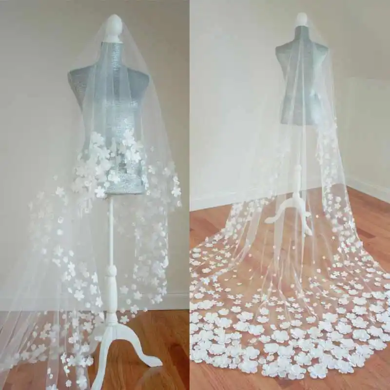 

Elegant Wedding Veil With Comb 3m Long Cathedral 3D Appliqued Lace Edge One Layer Bridal Veils Wedding Accessories