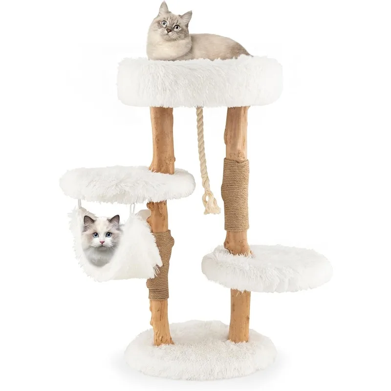 Cat Tree for Indoor Cats, Solid Wood Modern Cat Tower with Cozy Top Perch, 2 Platforms & 1 Hammock