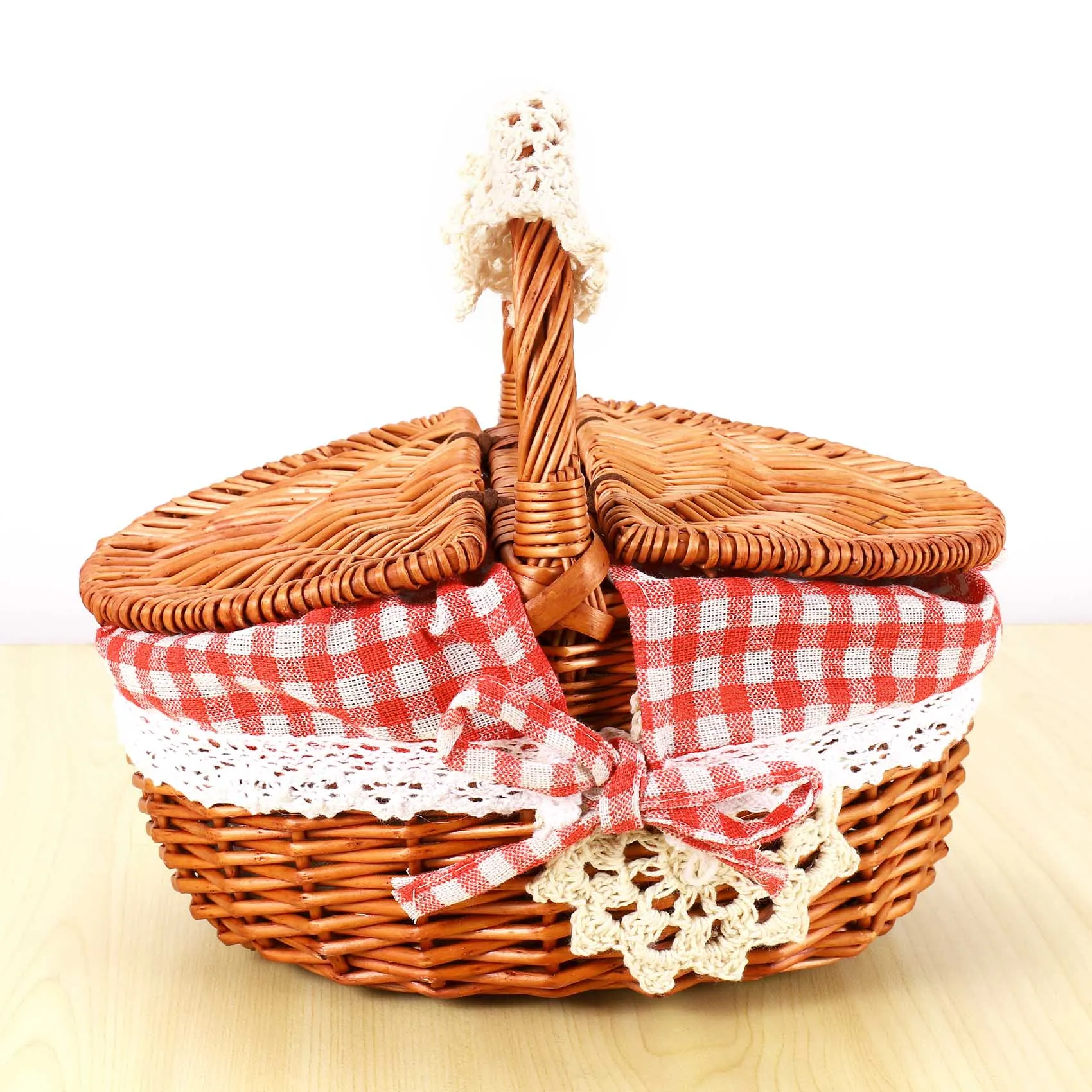 COFA Hand Made Wicker Basket Wicker Camping Picnic Basket Shopping Storage Hamper and Handle Wooden Wicker Picnic Basket