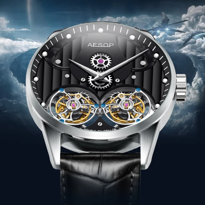 AESOP Luxury Dual Tourbillon Wristwatches Men Sapphire Glass Leather Strap Gentleman Skeleton Hollow Mechanical Waterproof Watch