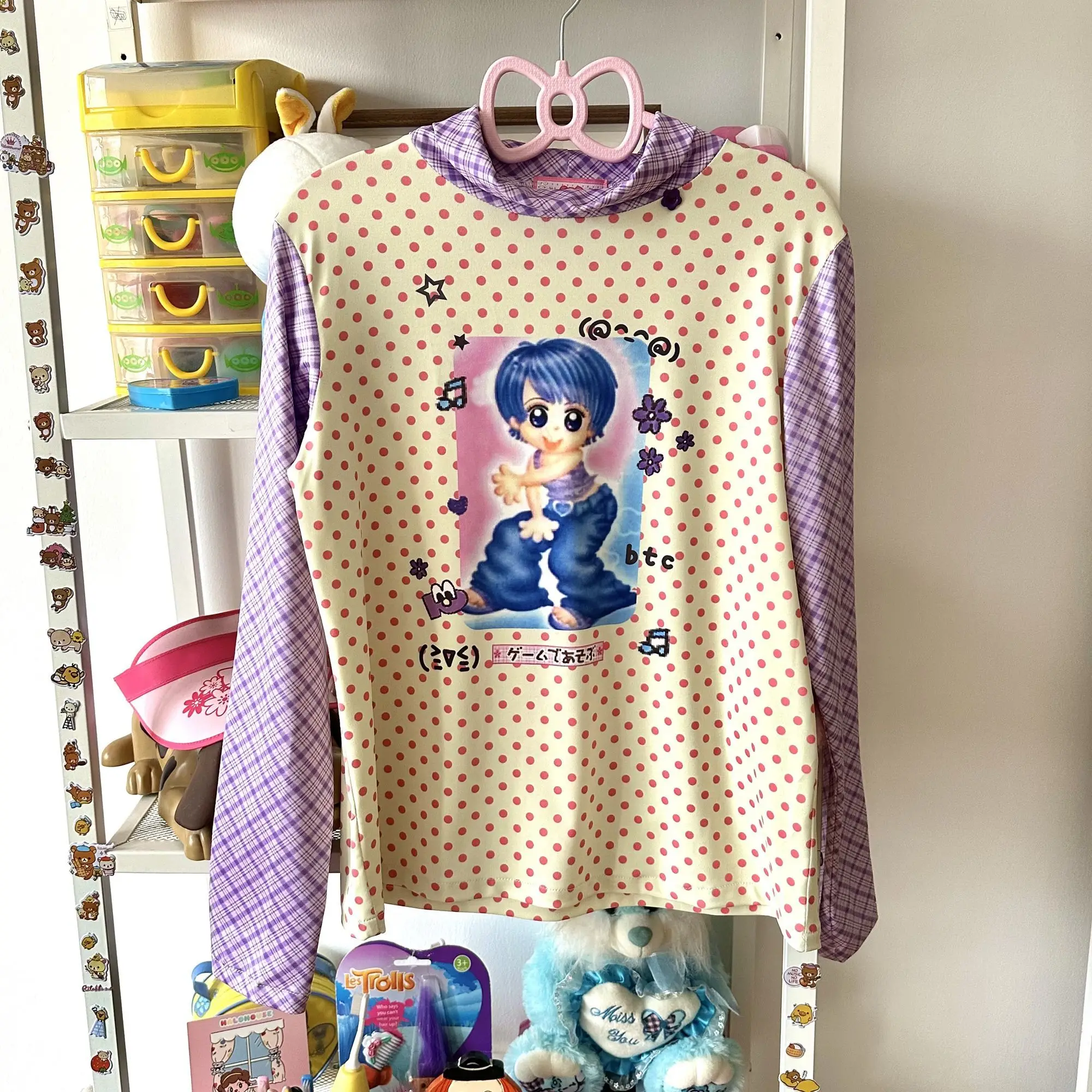 Japanese Wave Point Patchwork T-shirt Women Harajuku Cartoon Printing Loose T Shirts Y2k Aesthetic Half High Collar Grunge Tops