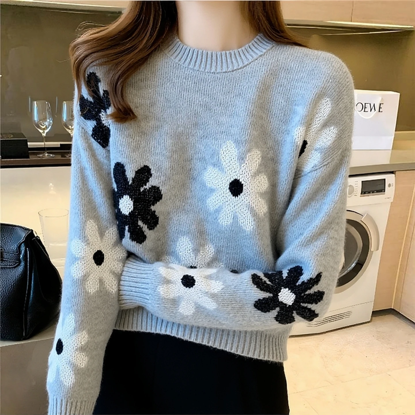 

Женский свитер, осень-зима, корейский модный вязаный джемпер с цветочным принтом, жаккардовый свободный повседневный шерстяной женский пуловер 2025 года, верхняя одежда