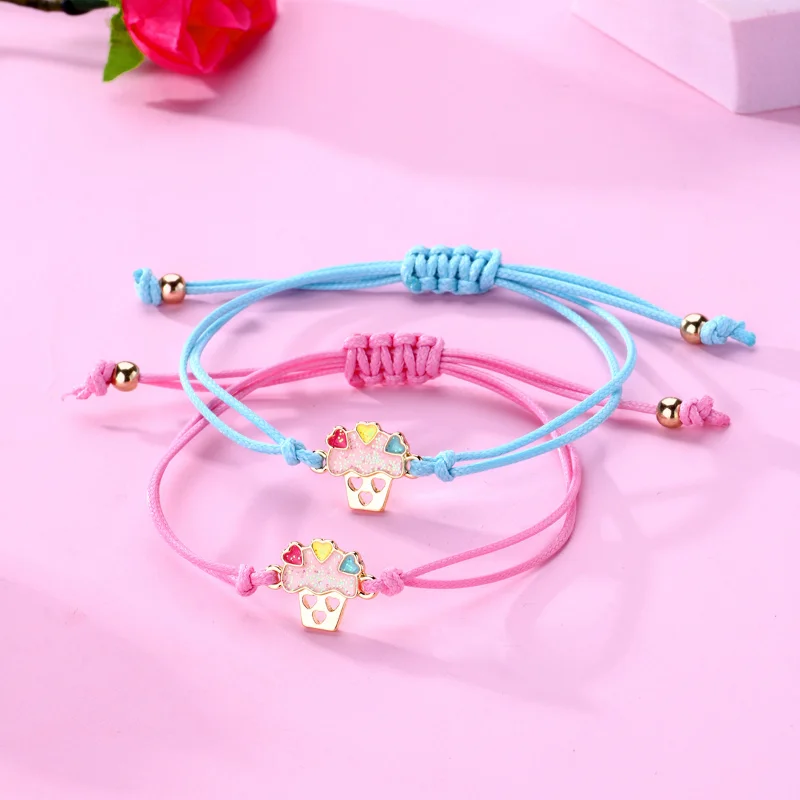 Luoluo&baby 2Pcs/Set Cartoon Ice Cream Cake Heart Best Friends Charms Bracelet Adjustable Chain Bracelets for Kids Jewelry