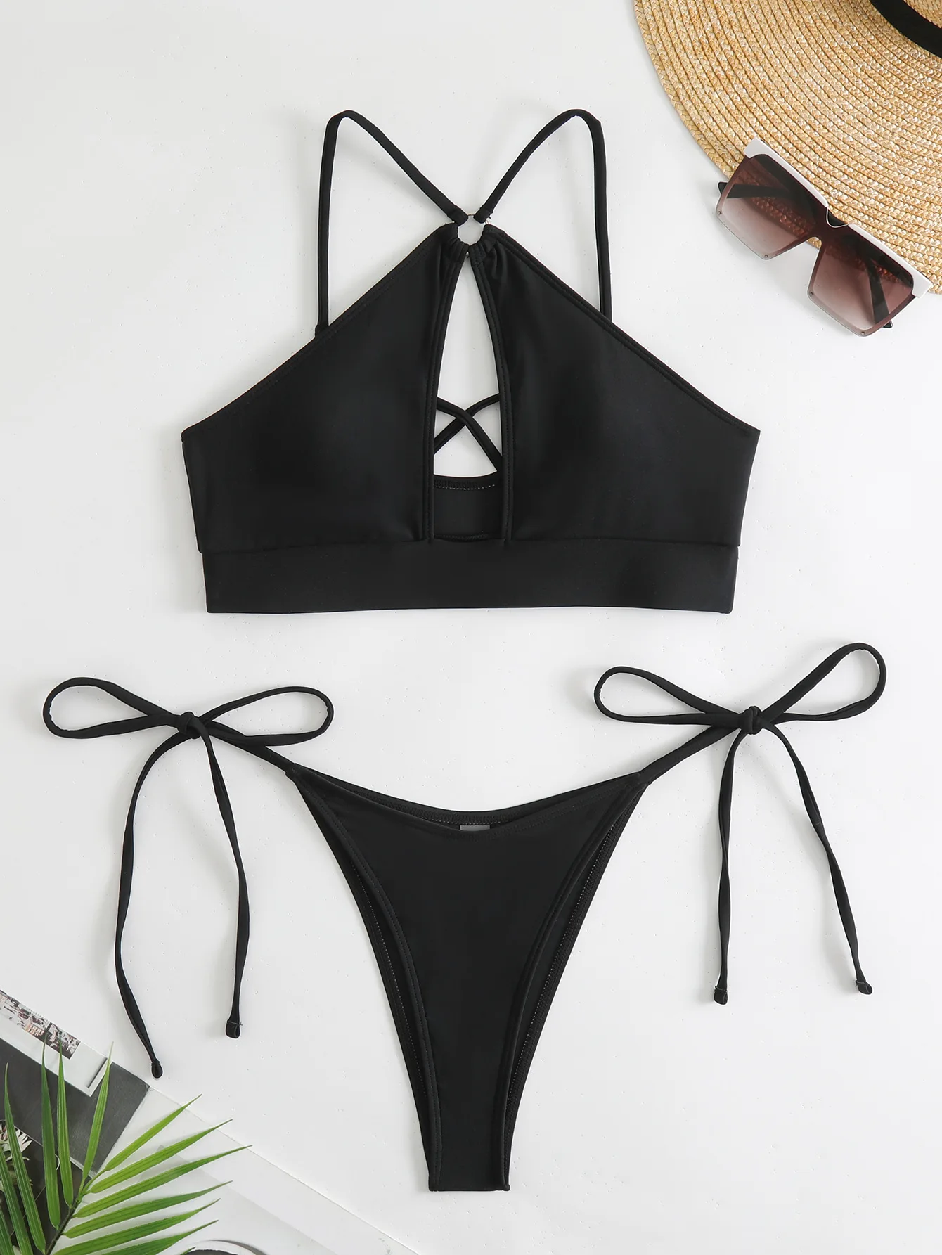 DEKA Solid Neck Hollow Bikini Set High Waist Bathing Suit Ladies Criss cross Swimwear Women New Bikini Push Up Women Crop Top