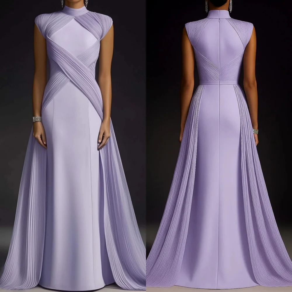 カスタマイズされたエレガントでシンプルなジャージー素材のプリーツ入りストレートハイカラーロングドレス、オーダーメイドの特別な日のドレス、サイズ展開あり、クラシック