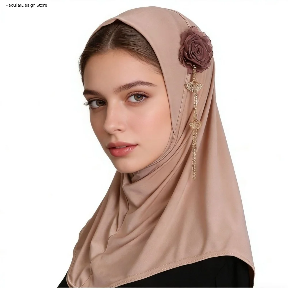 Comfort Round Edge 3D Flower Tassel Hijab Solid Color High-Elasticity Head Scarf Lightweight Stretch Headwear Outdoor