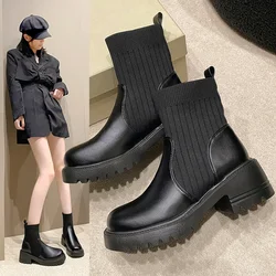 Stretch Knit Fashionable Sock Boot for Women 2024 Autumn Winter New British Style Thick-soled Women's Short Boots Botas De Mujer