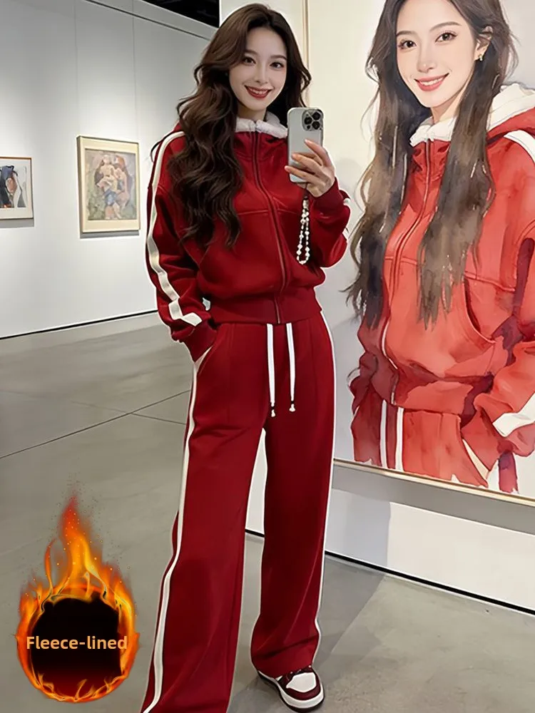 

High-End Brand Casual Set Women's Spring New Fleece Hooded Open Cardigan Sweatshirt Red Wide Leg Pants Two-Piece Set