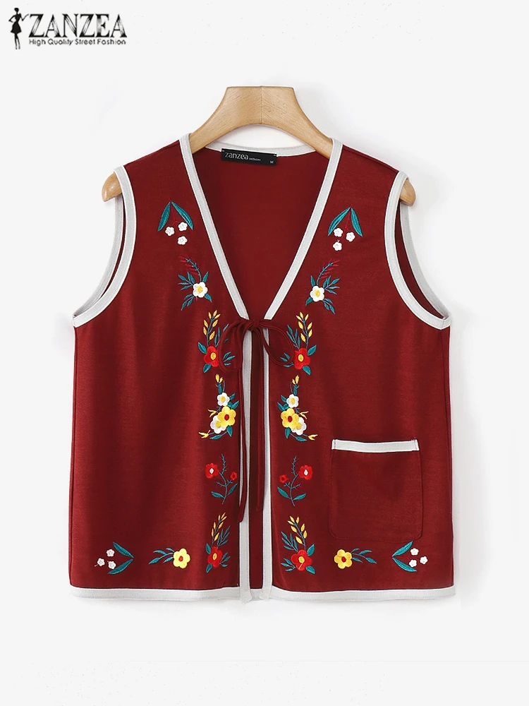 

ZANZEA Casual 2025 Pocket Knitted Tunics Women Retro Vest Bohmian Lace Up Colorblock Waistcoat Spring Sweety Sleeveless Tank top