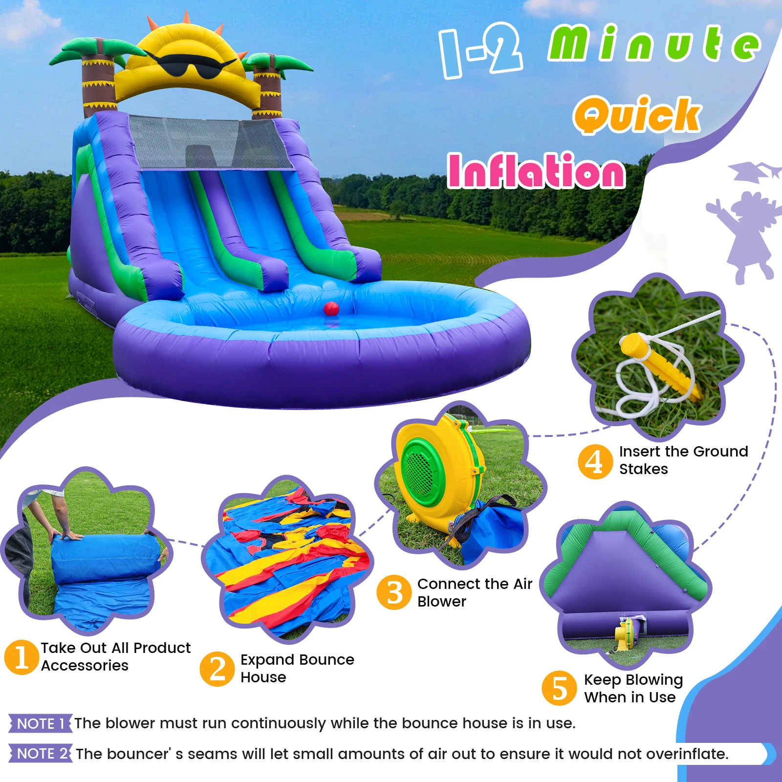 Flor de sol inflable, Sildes al aire libre, rebote de aire, diversión de agua, equipo de juego, agua inflable, doble tobogán, pozo de bolas de burbujas