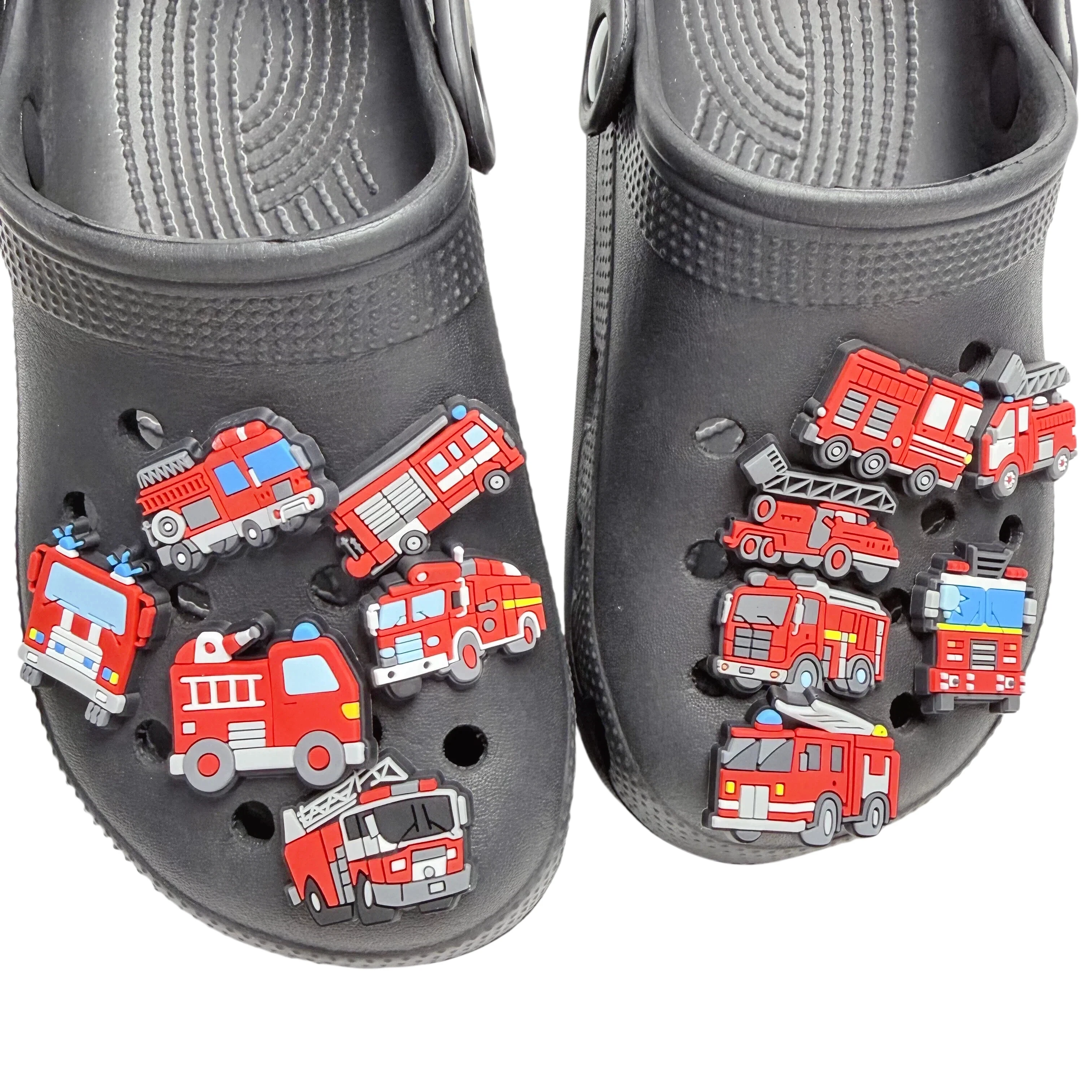 1-12PCS Cartoon Fire Engine PVC Garden Shoe Charms Accessories Clogs Pins Designer Sandal Shoes Decorations Fit Birthday Gifts