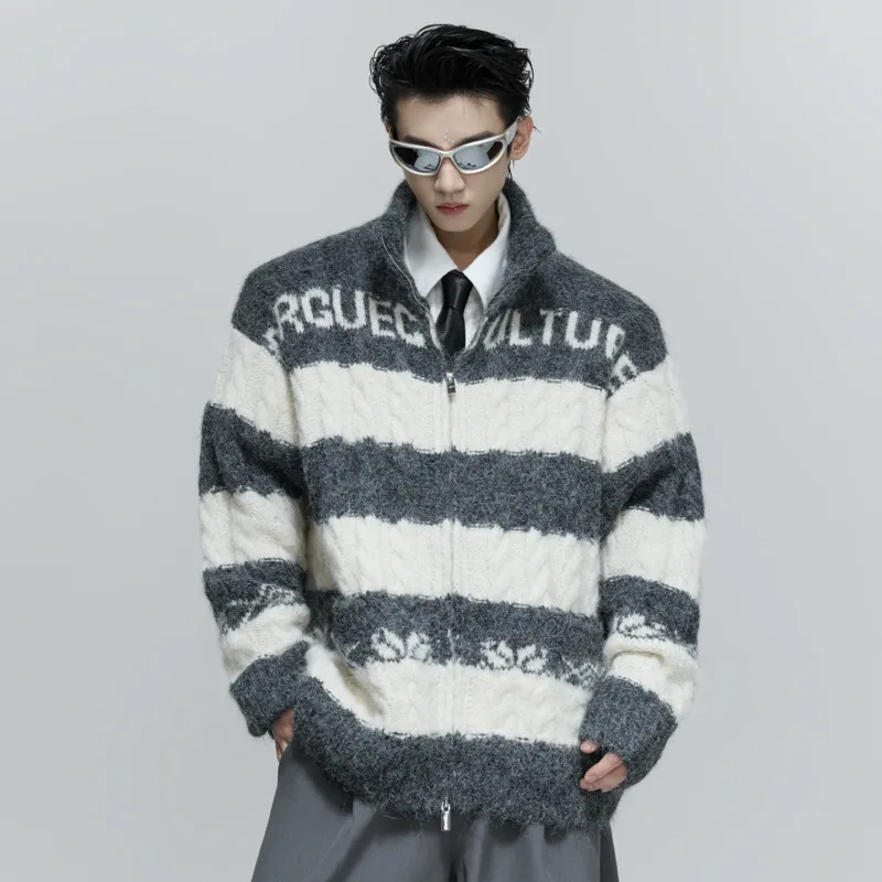 

WVGA весна осень новый мужской уличный контрастный цвет толстый модный вязаный кардиган на молнии нишевый шикарный повседневный свитер топы W12866