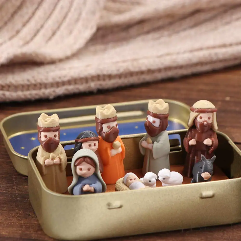 Metal Tin Box Mini Christmas Trough Set Hand Painted 3D Printed Nativity Manger Scene Kit Holy Family Shepherd Animal