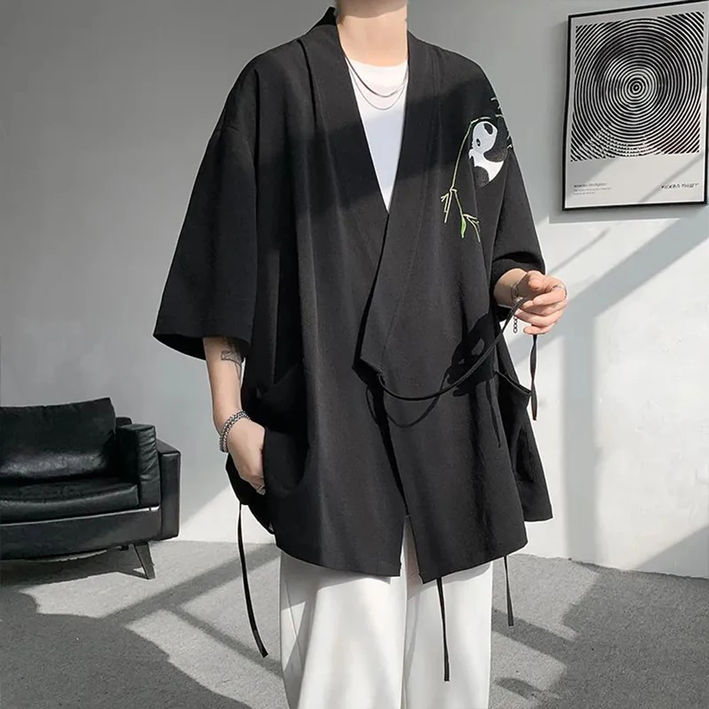 

Mens Panda Embroidered Chinese Style Short Sleeve Cloak Genderless 2024 New Fashion Temperament Versatile Trend Jacket Unisex