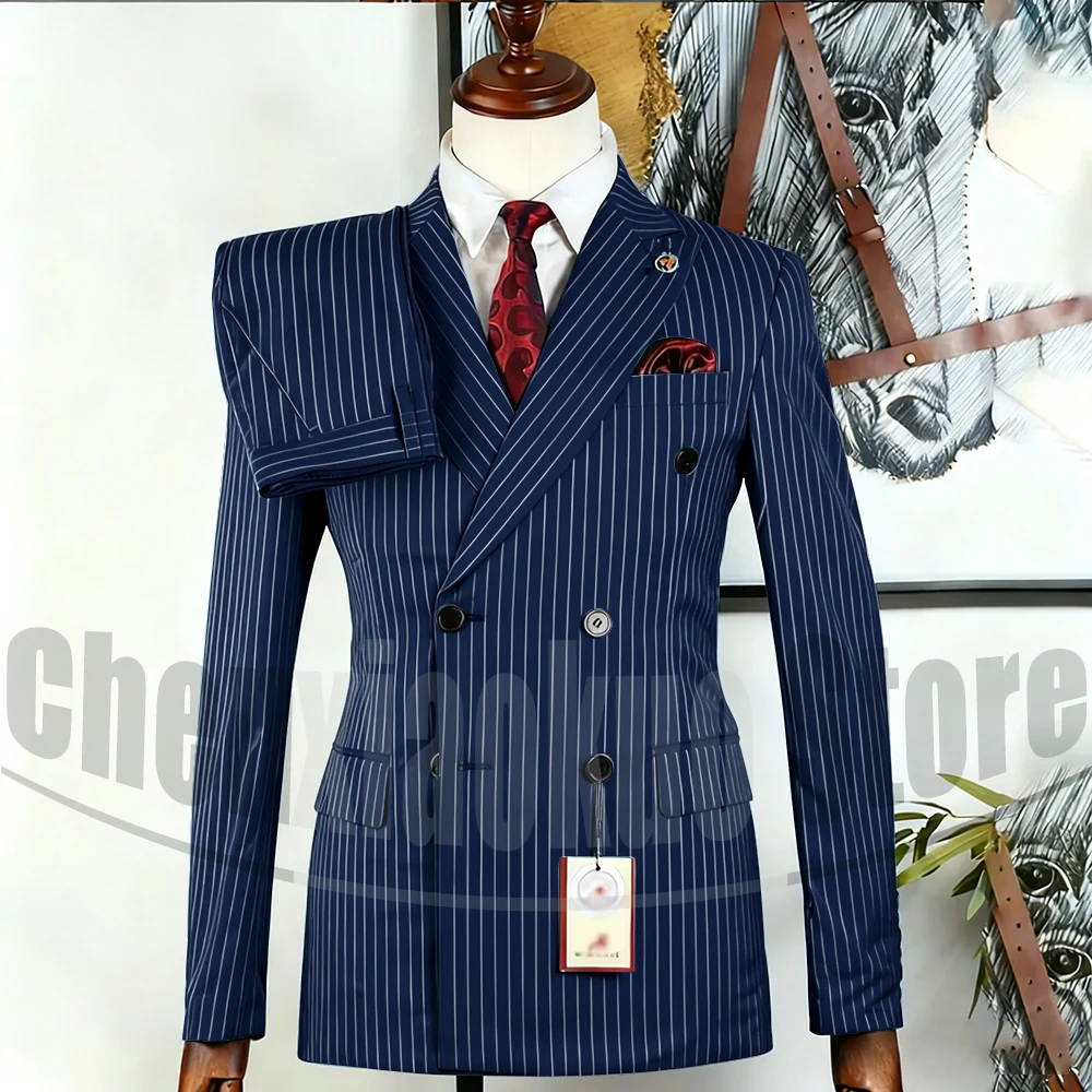 メンズピンストライプスーツセット シックなダブルブレストピークドラペルアウトフィット 2ピース ファッションフォーマルビジネスカジュアルオフィスウェディングスーツ