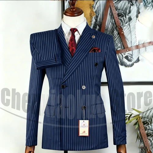 Imagen 2 del producto Conjunto de traje a rayas para hombre, traje elegante con solapa de pico y doble botonadura, trajes de boda de oficina informales de negocios formales a la moda de 2 piezas