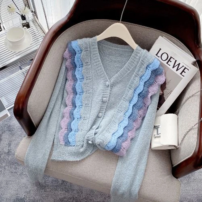 Women Trendy Contrast Color Spliced Chic Sweet Kawaii Knitted Sweaters Autumn V Neck Long Sleeve Loose Single Breasted Cardigan