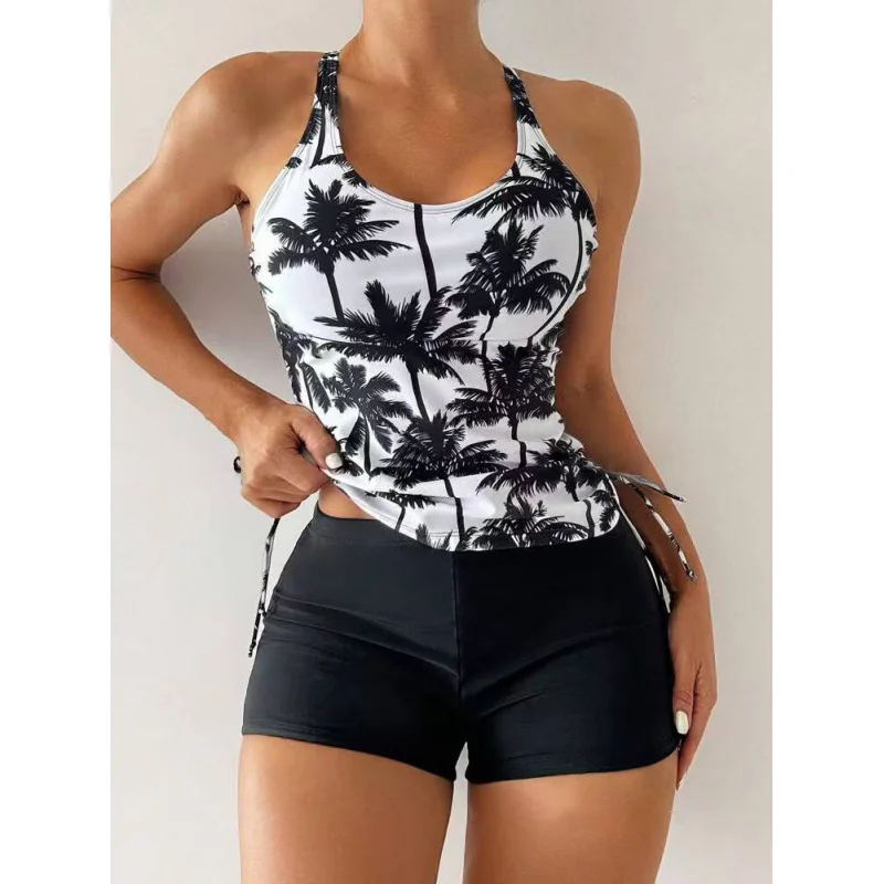 

Langxin2025New Two-Piece Swimsuit for Women with Coconut Tree Print, Drawstring, Conservative High-Waist Boxer Shorts Swimsuit