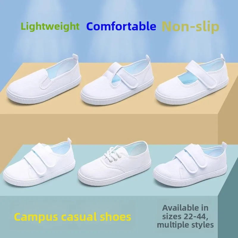 

White Canvas Sport Shoes for Girls Primary School Students Performance Shoes Easy to Wear EVA Sole Winter Season Chinese Style