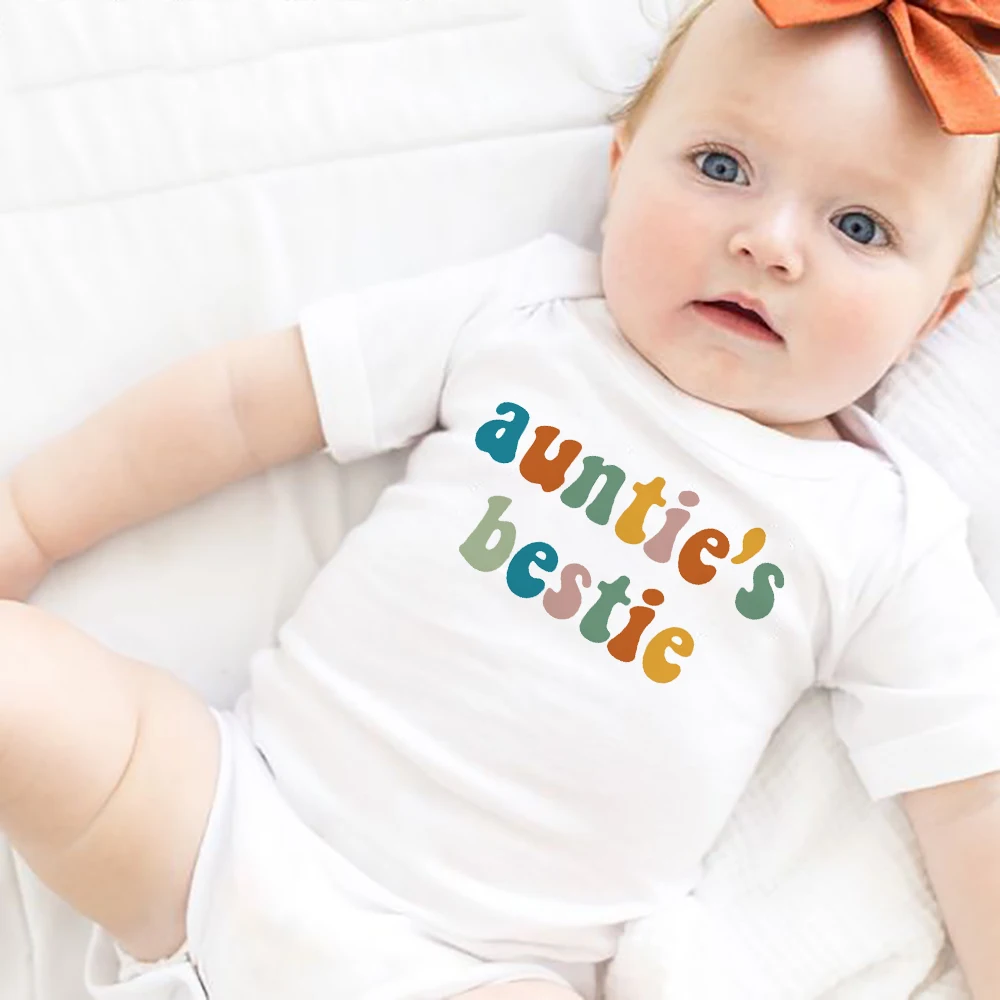 

Auntie's Bestie Printed Baby Girls Bodysuit Funny Newborn Summer Jumpsuit Infant Short Sleeve Romper Clothes Baby Shower Gifts