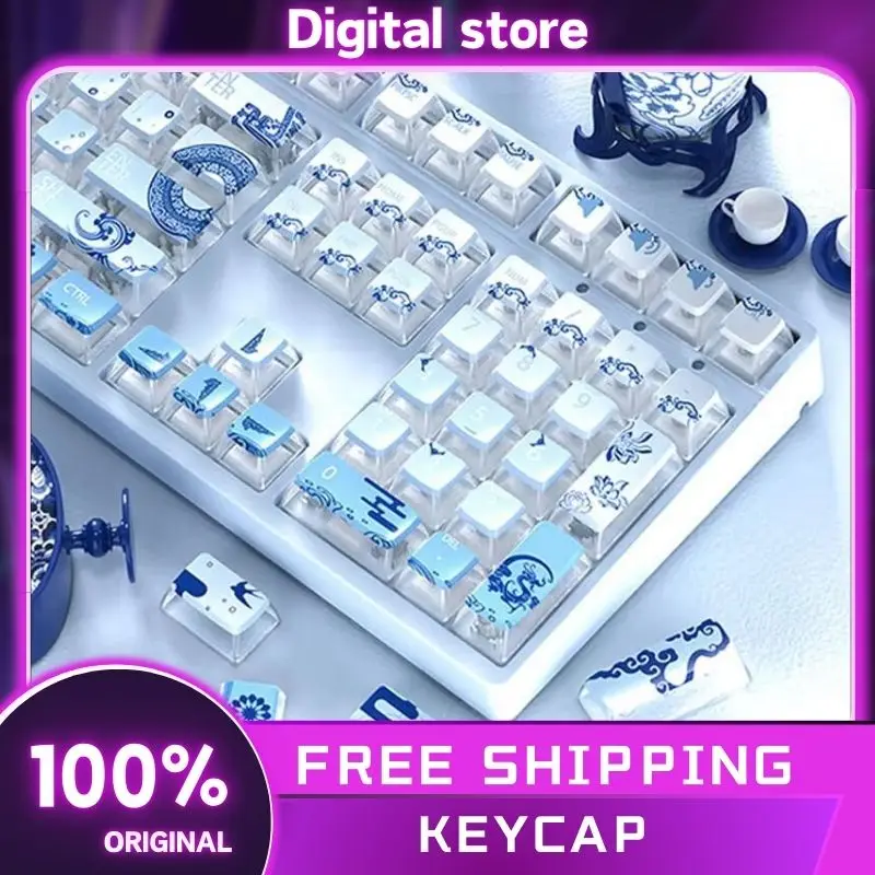 

Transparent Blue And White Porcelain Theme Keycaps 116 key PBT ASA Profile Gaming Key Caps For Mechanical Keyboard Accessories