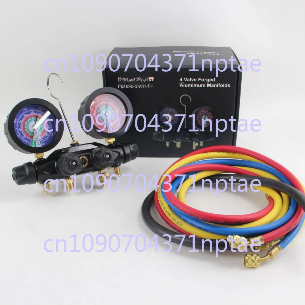 4-valve Refrigerant Gauge Group, Air Conditioning Refrigeration Pressure Gauge Group, Forged Aluminum Valve Body R22/R134a/R410A
