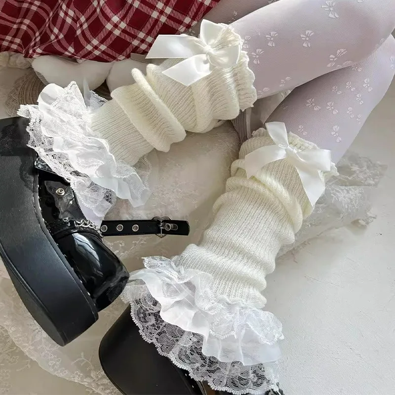 

2025 гетры из японского кружева с цветочным бантом, осень-зима, черно-белые кружевные гетры в стиле Лолиты, вязаные теплые гетры для ног, гетры для рук
