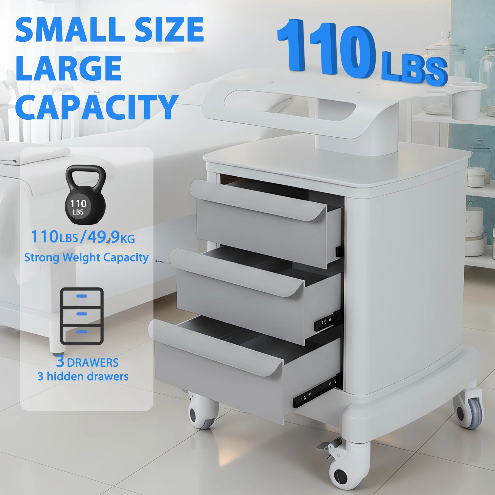 

Beauty Storage Utility Cart with 3 Drawers Mobile Ultrasound Trolley Cart 110LBS Load for Hospital Dental Clinics Beauty Salons