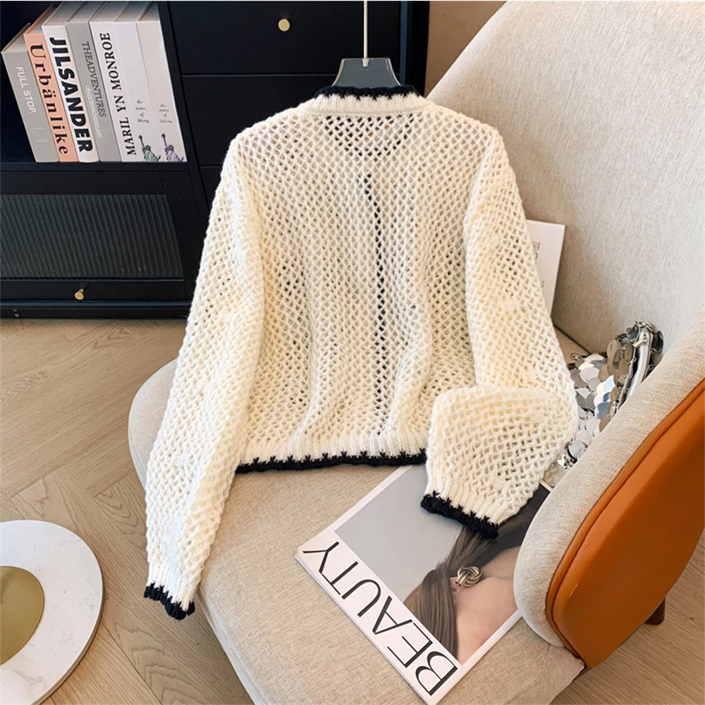 Women's Apricot 3D Floral Cardigan Loose Knit Hollow Sweater Harajuku Vintage Y2k O-Neck Luxury Cashmere Sweater 2000s Clothes