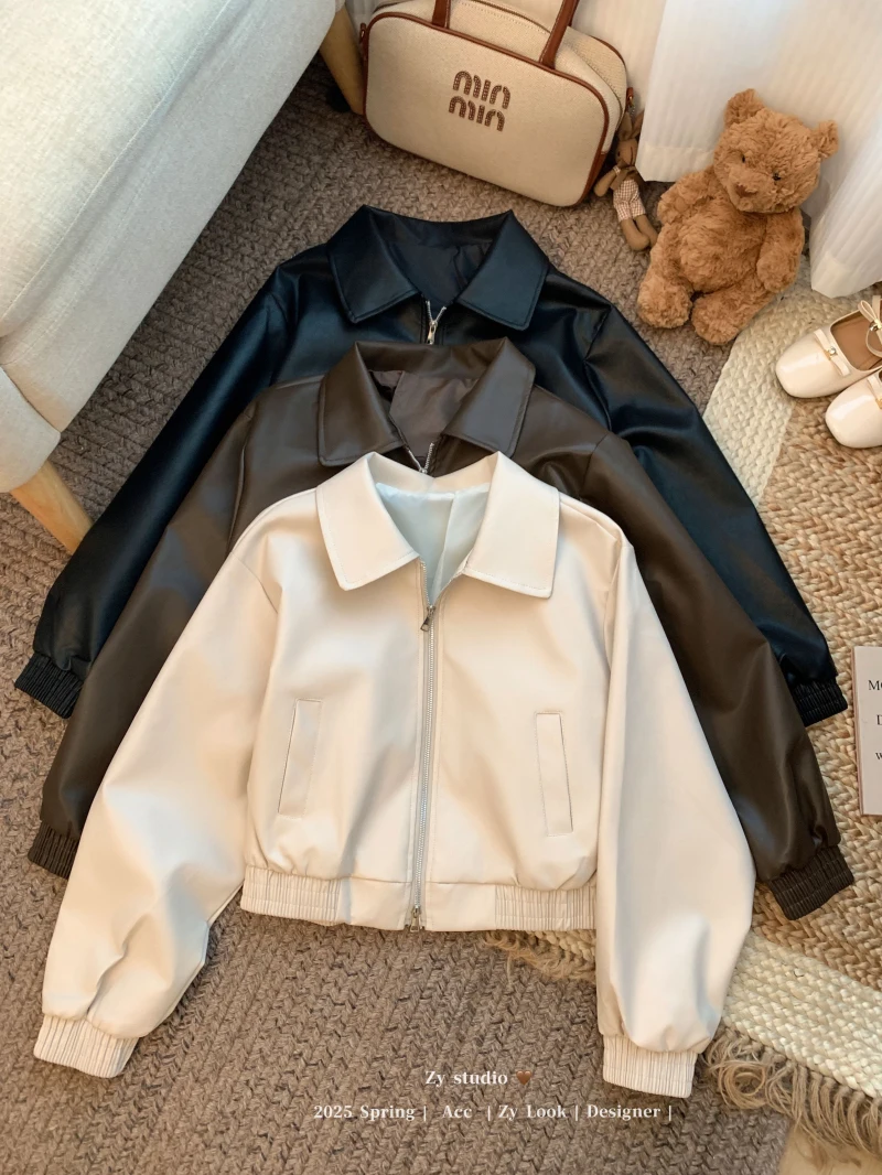 เสื้อแจ็คเก็ตหนังเทียมทรงหลวม แขนยาว ซิปหน้า ปกพับ สไตล์สตรีทแวร์ สำหรับผู้หญิง ฤดูใบไม้ร่วง ฤดูหนาว