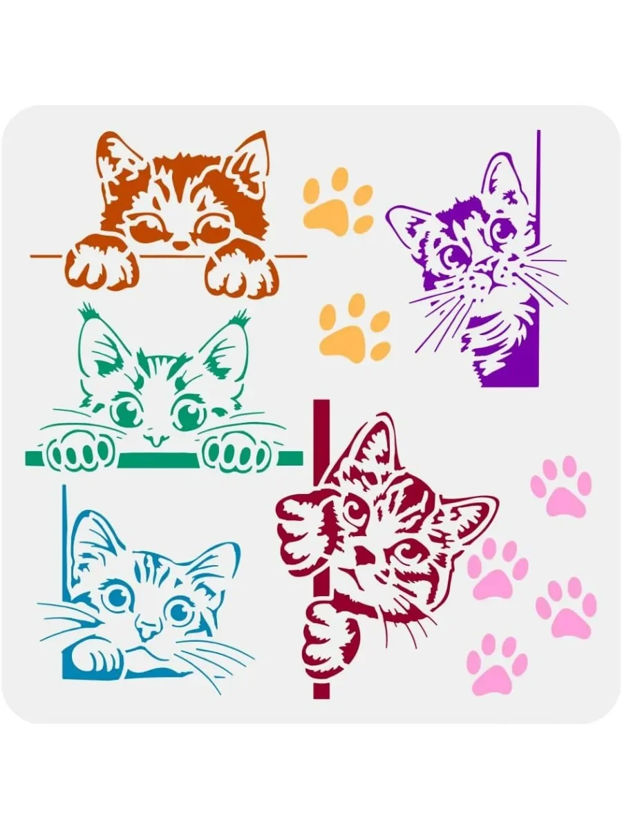 1Sheet Peeping Cat Painting Stencil 11.8x11.8 inch Cat Border Template Hollowed Cute Cats Stencil Large Cat Paw Prints Template