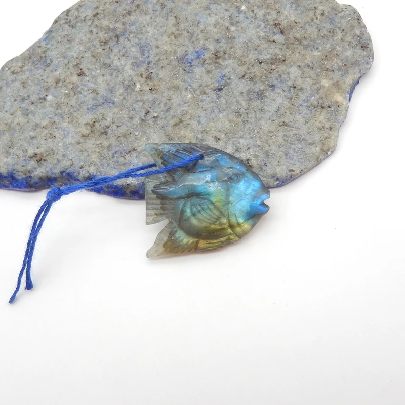 

Natural Gemstone Labradorite Handcarved Fish Pendant Bead 24x22x8mm 5.7g for DIY Jewelry Making Animal Craft Necklace Supplies