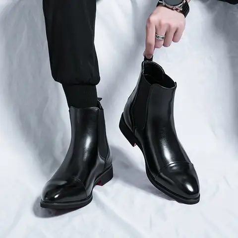 가을 겨울 지적 발가락 남성 부츠 Redsoled 하이 탑 가죽 신발 영어 캐주얼 첼시 부츠 패션 편안한 남성 신발