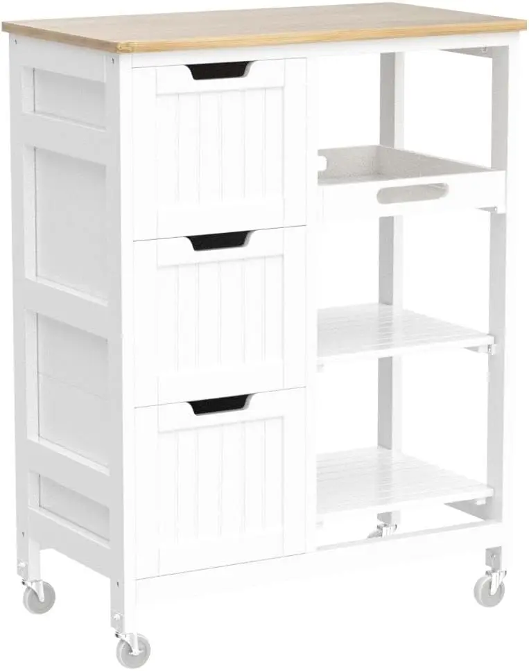 Kitchen Island Cart on Wheels with Bamboo Countertop, 3 Removable Shelves & Lockable Casters, Storage Cabinet