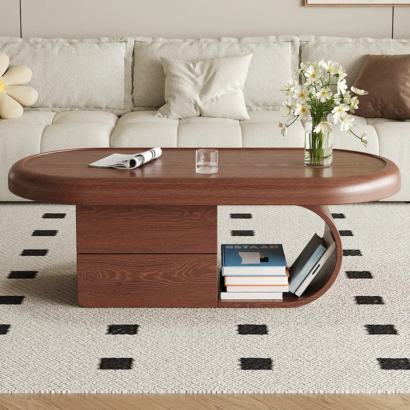 

Элегантный журнальный столик Реплика Mesas Bajas Уникальная мебель L # Минималистичный овальный роскошный журнальный столик с прозрачным органайзером и ящиком средней длины