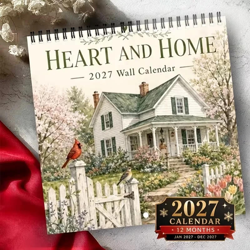 2027 Wall Calendar, 1pc 12-Month Spiral Hanging Calendar, 8.3x8.3in Square, Large Writing Blocks, Farmhouse Decor, Habit Tracker