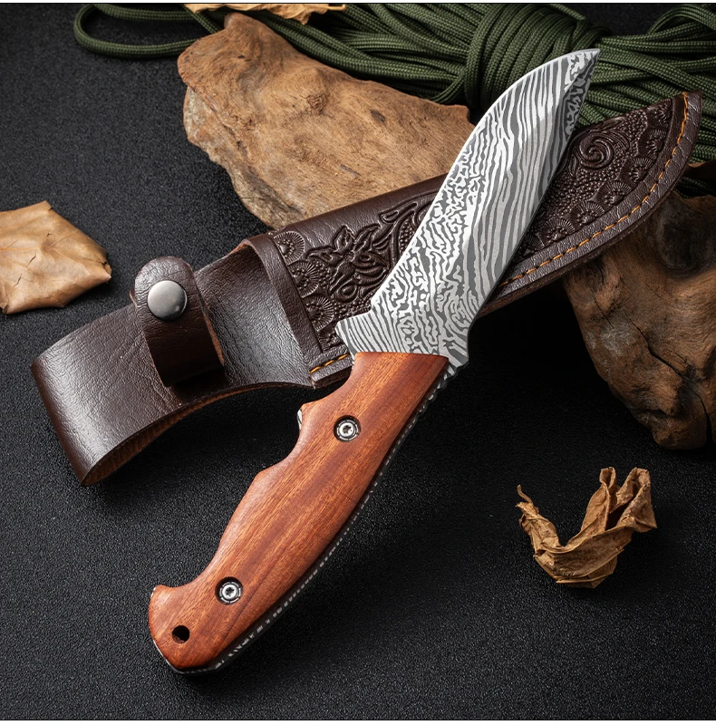 1pc, outdoor straight knife martensitic stainless steel solid wood handle, suitable for outdoor kitchen family camping, barbecue