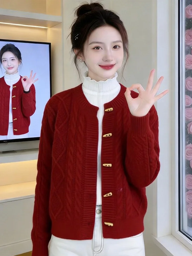 

Весна 2026: Модный женский вязаный кардиган на пуговицах, приталенный, стильный, с длинным рукавом, круглым вырезом, короткое пальто