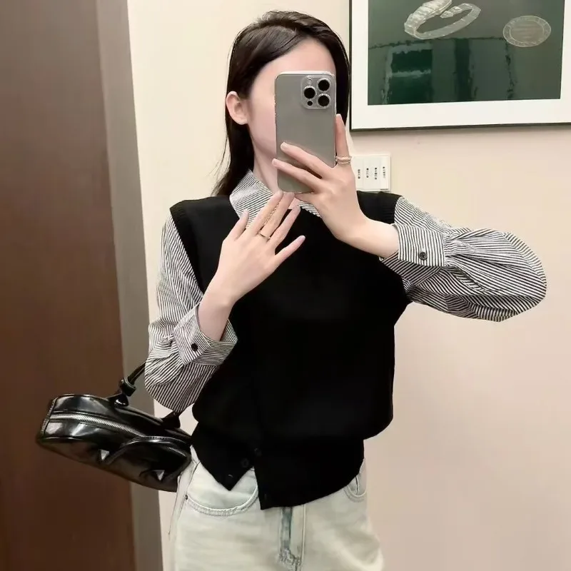 

Women's New Korean Fake Two-piece Lapel Knitted Sweater 2026 Spring Autumn Female Outfit Age-reducing Temperament Slimming Top