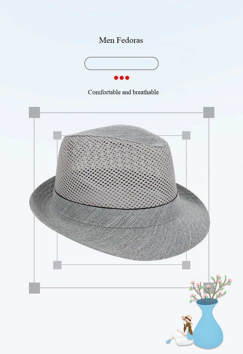 Frühling & Sommer Männer Fedoras Netz Stoff Atmungsaktiv Bowler Hut – Detail 1