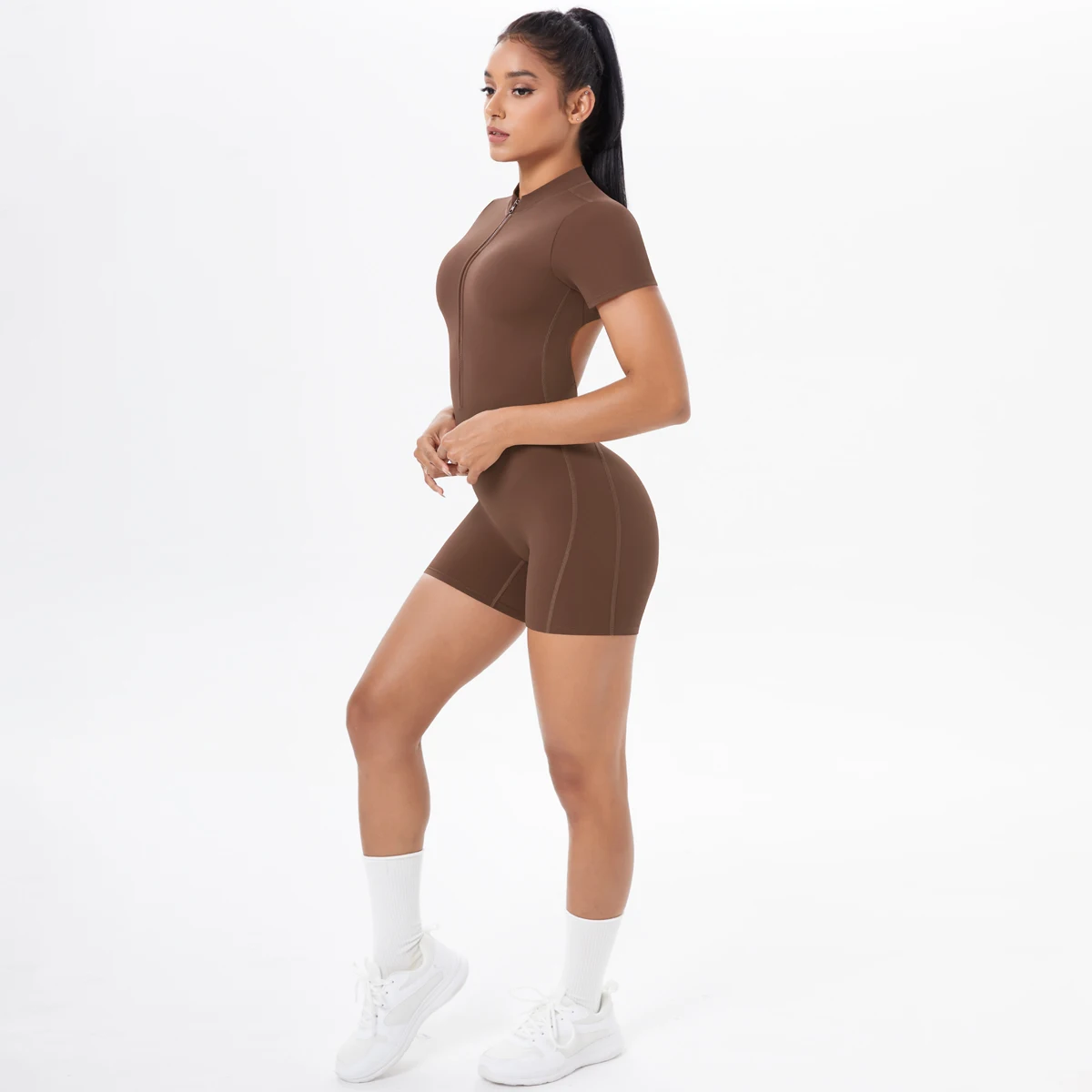 Hollow Out Backless Short Sleeved Zipper Jumpsuit for Woman Jumpsuit Yoga Suit One-Piece Legging Short Push Up Gym Yoga Clothing image 6