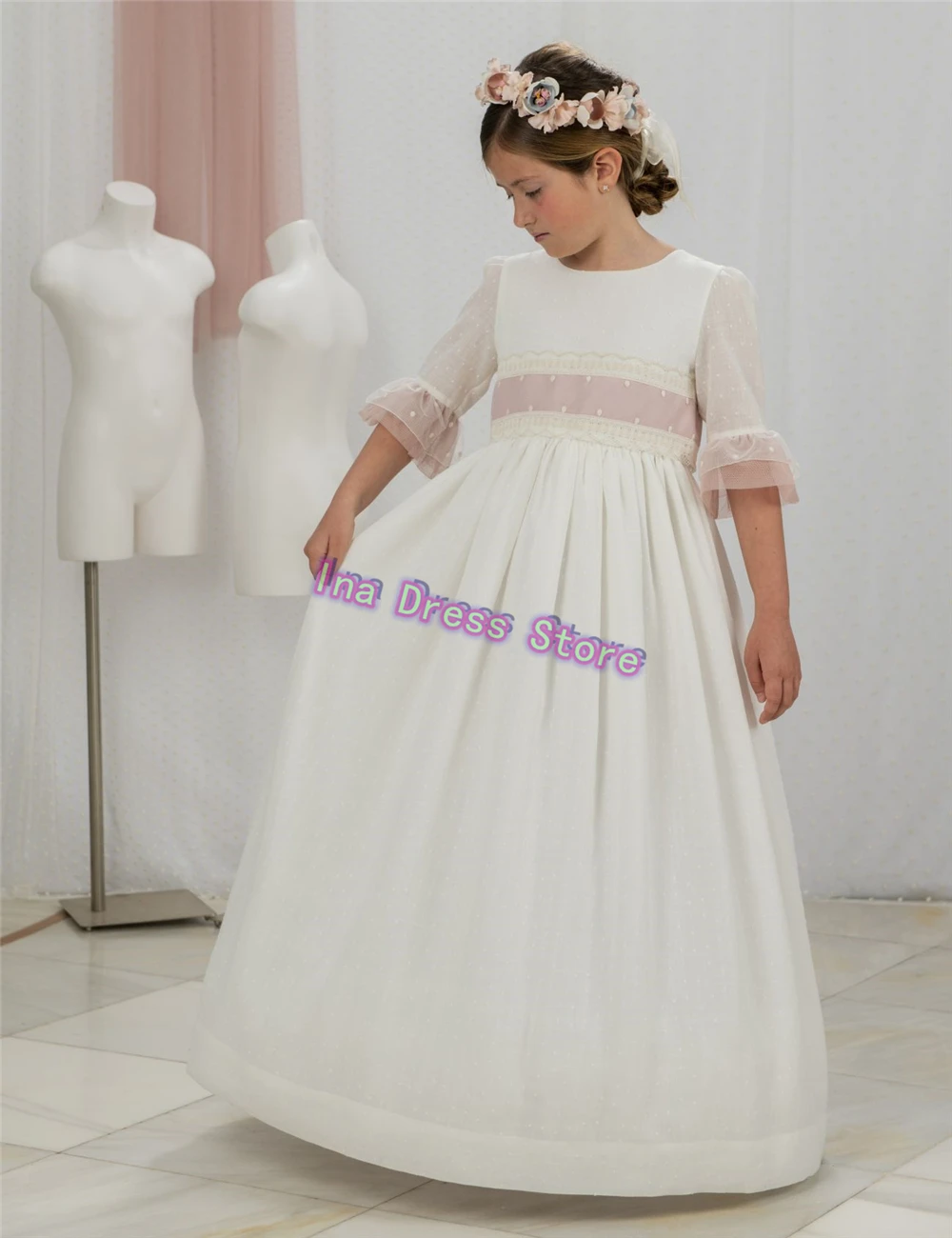 White Idyllic First Communion Gown Elegant Flower Girl Dress Princess Beauty Pageant Wedding Kids Birthday Customised Dresses