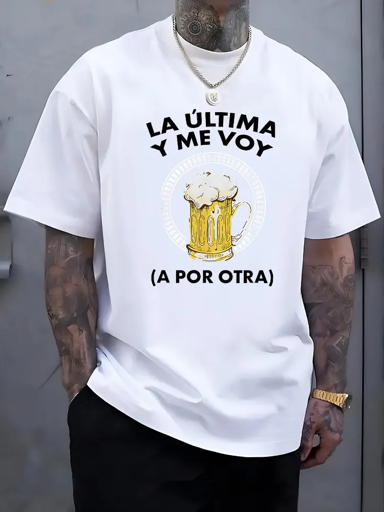 Men Dark Gray Cotton Crew Neck Tee Spanish Beer Mug Text Print Loose Short Sleeve Bar Party Drinking Casual Summer Mens Shirts
